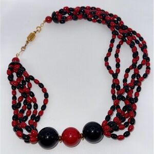 Vintage Red & Black Chunky Beaded Multi-Strand Necklace